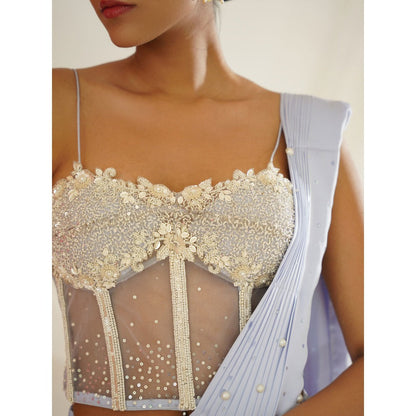 Kapda Dori Powder Blue Embroidered Pre-Draped Drape Saree with Stitched Blouse