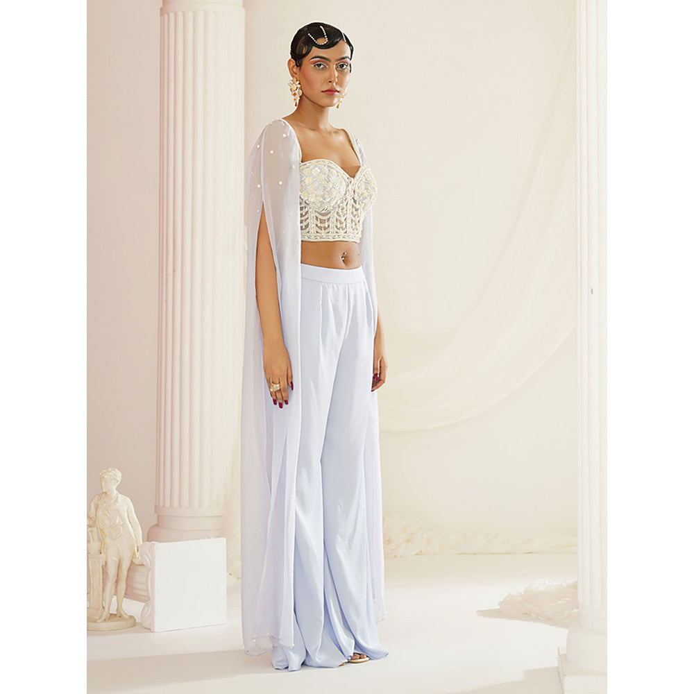 Kapda Dori Powder Blue Embellished Cape Sleeve Attached Blouse and Palazzo (Set of 2)