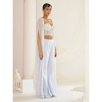 Kapda Dori Powder Blue Embellished Cape Sleeve Attached Blouse and Palazzo (Set of 2)