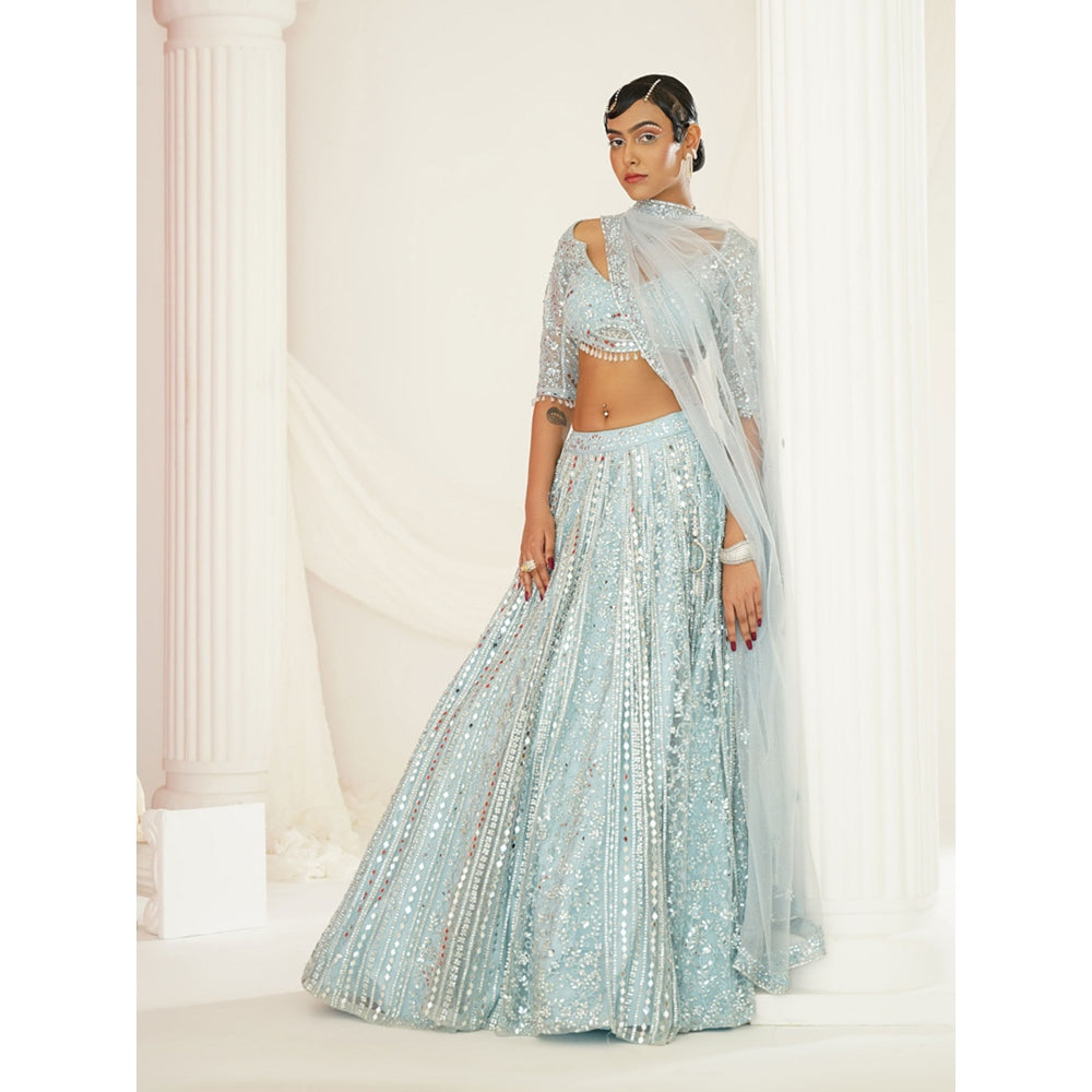 Kapda Dori Aqua Blue Embellished Blouse with Lehenga and Dupatta (Set of 3)