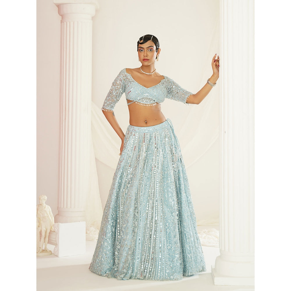 Kapda Dori Aqua Blue Embellished Blouse with Lehenga and Dupatta (Set of 3)