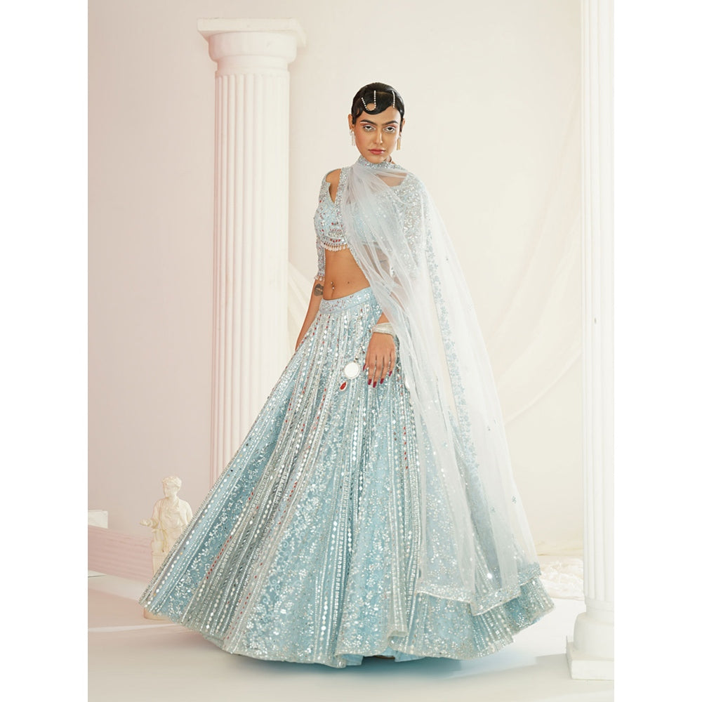 Kapda Dori Aqua Blue Embellished Blouse with Lehenga and Dupatta (Set of 3)