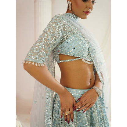 Kapda Dori Aqua Blue Embellished Blouse with Lehenga and Dupatta (Set of 3)