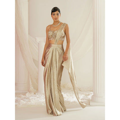 Kapda Dori Gold Embroidered Pre-Draped Drape Saree with Stitched Blouse