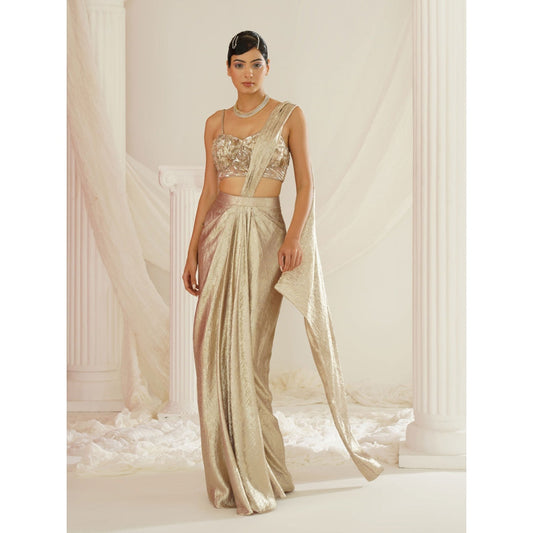Kapda Dori Gold Embroidered Pre-Draped Drape Saree with Stitched Blouse