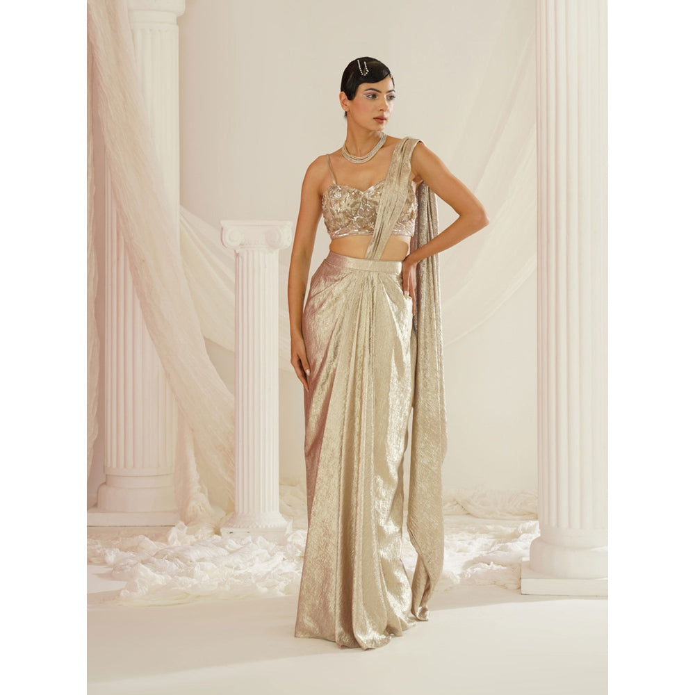 Kapda Dori Gold Embroidered Pre-Draped Drape Saree with Stitched Blouse