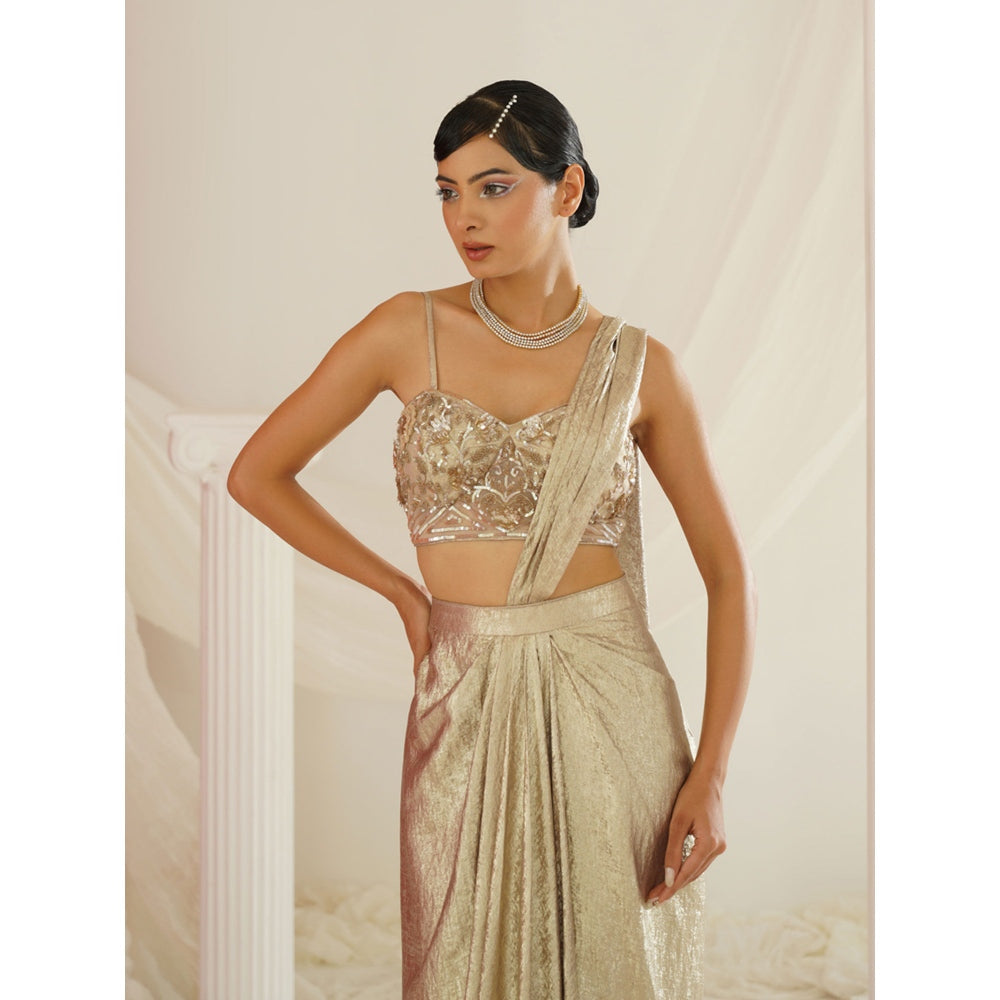 Kapda Dori Gold Embroidered Pre-Draped Drape Saree with Stitched Blouse