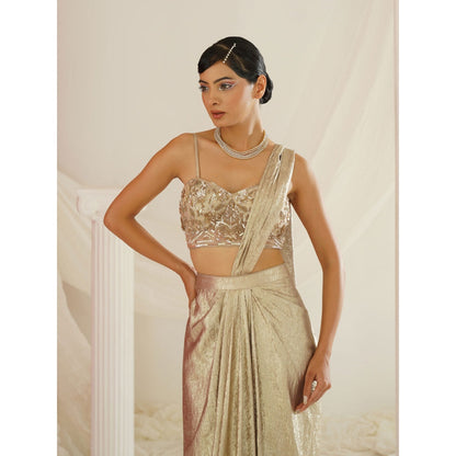 Kapda Dori Gold Embroidered Pre-Draped Drape Saree with Stitched Blouse