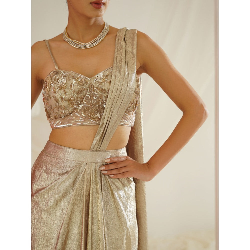 Kapda Dori Gold Embroidered Pre-Draped Drape Saree with Stitched Blouse