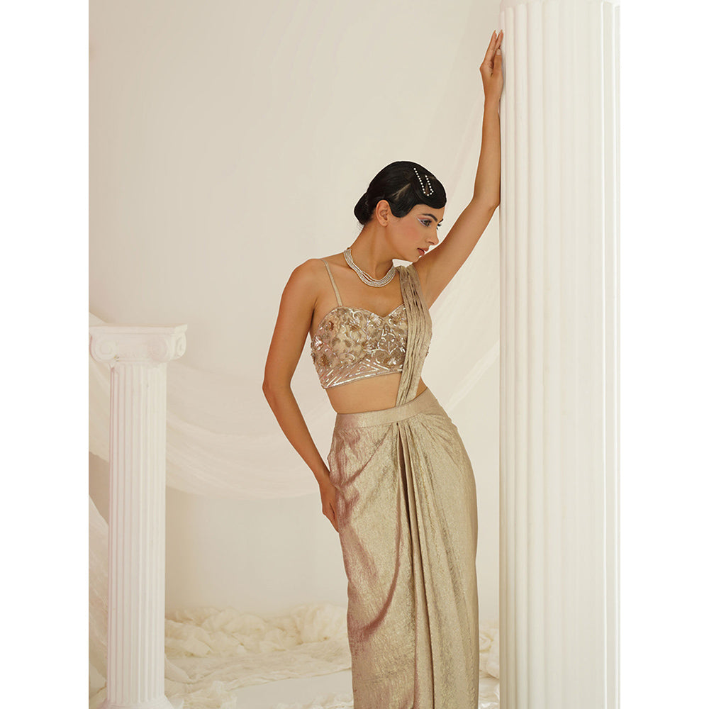Kapda Dori Gold Embroidered Pre-Draped Drape Saree with Stitched Blouse