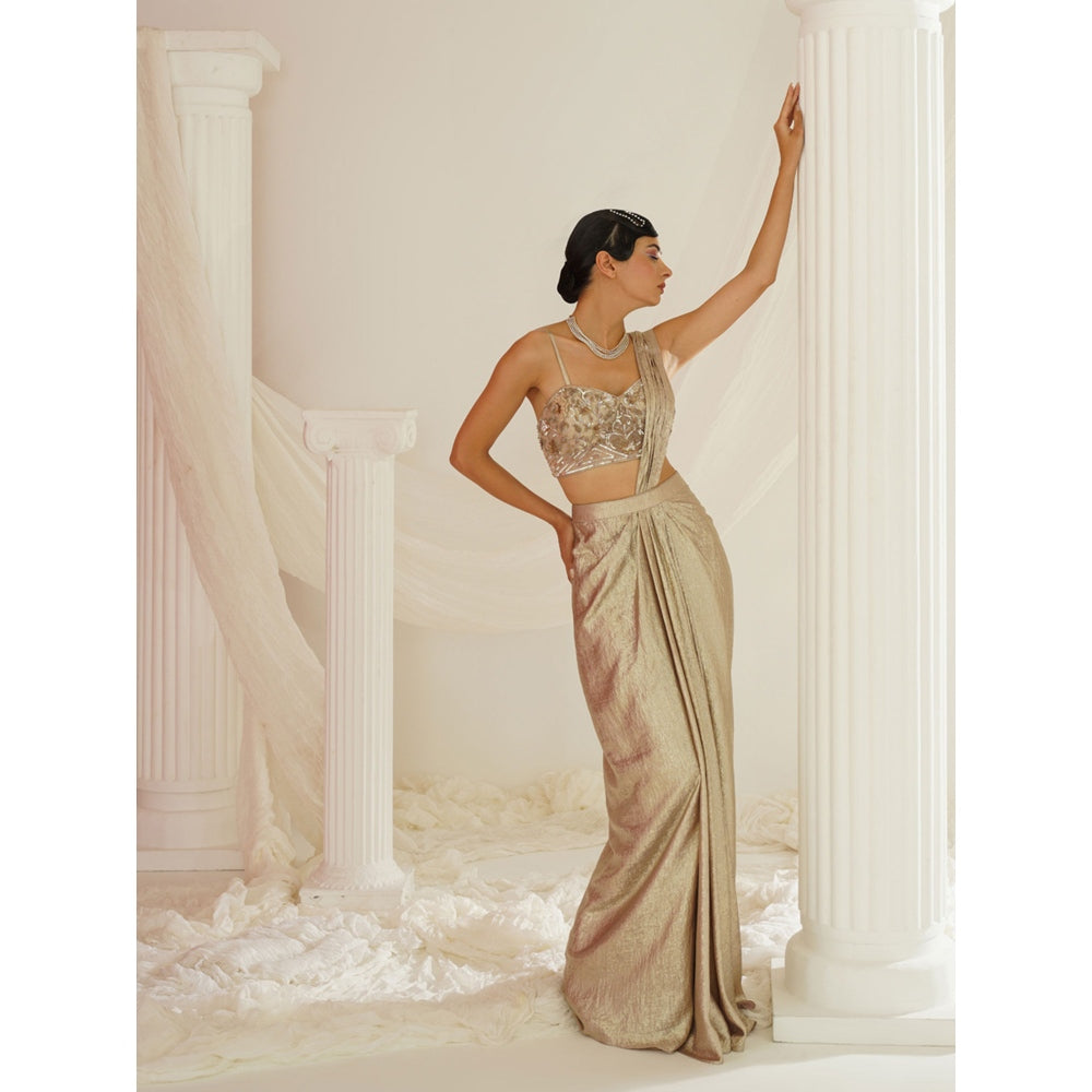 Kapda Dori Gold Embroidered Pre-Draped Drape Saree with Stitched Blouse