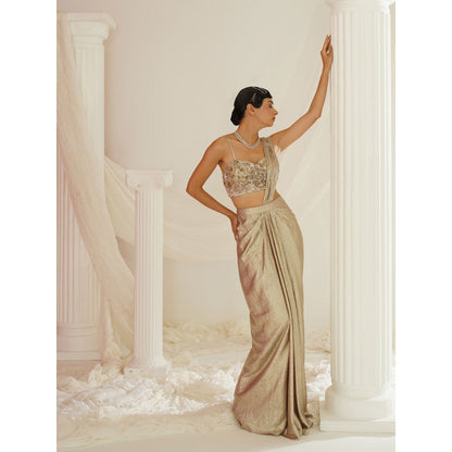 Kapda Dori Gold Embroidered Pre-Draped Drape Saree with Stitched Blouse