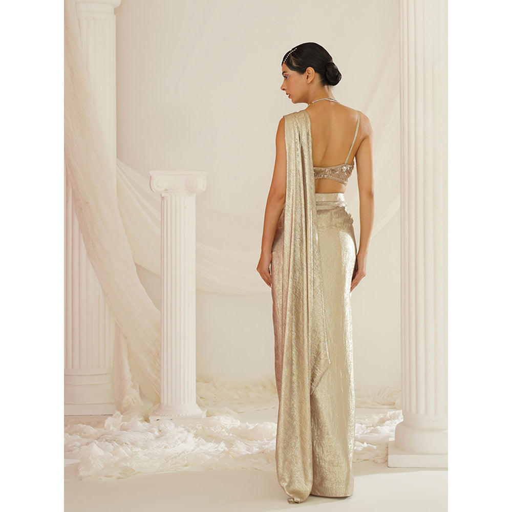 Kapda Dori Gold Embroidered Pre-Draped Drape Saree with Stitched Blouse