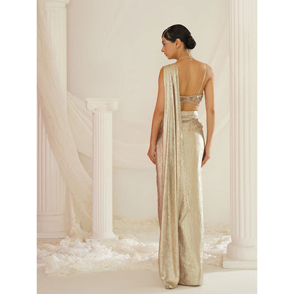 Kapda Dori Gold Embroidered Pre-Draped Drape Saree with Stitched Blouse