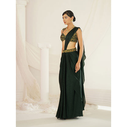 Kapda Dori Forest Green Embroidered Pre-Draped Saree with Stitched Blouse