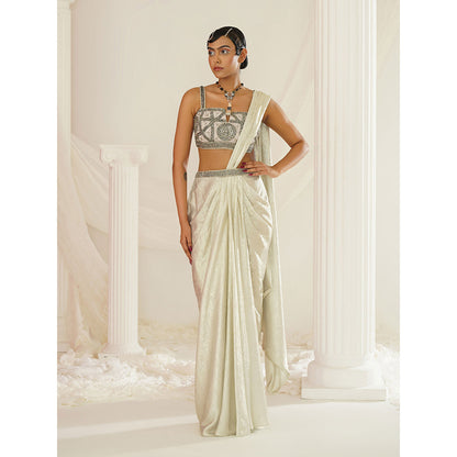 Kapda Dori Ivory Embroidered Pre-Draped Saree with Stitched Blouse