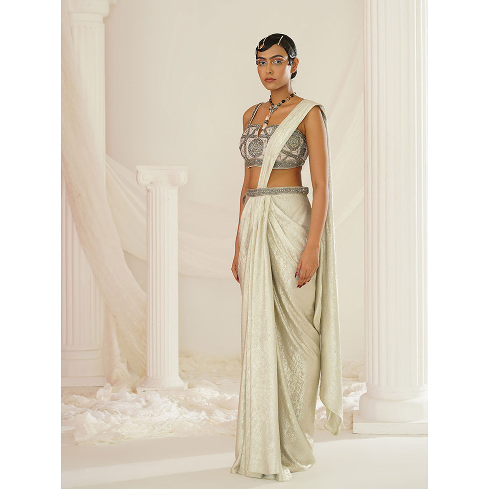 Kapda Dori Ivory Embroidered Pre-Draped Saree with Stitched Blouse