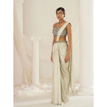 Kapda Dori Ivory Embroidered Pre-Draped Saree with Stitched Blouse