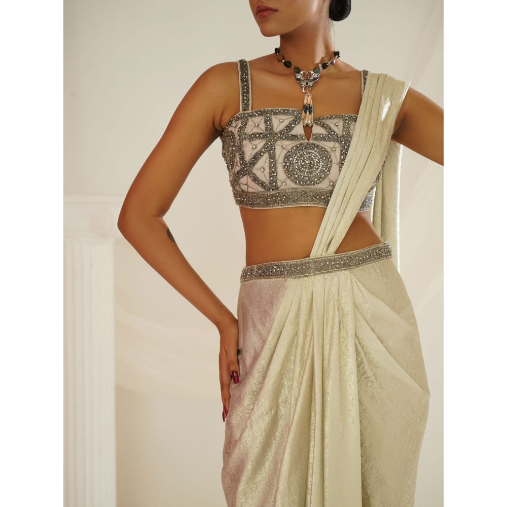 Kapda Dori Ivory Embroidered Pre-Draped Saree with Stitched Blouse