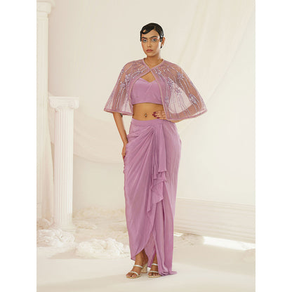 Kapda Dori Lavender Embroidered Blouse with Skirt and Cape (Set of 3)