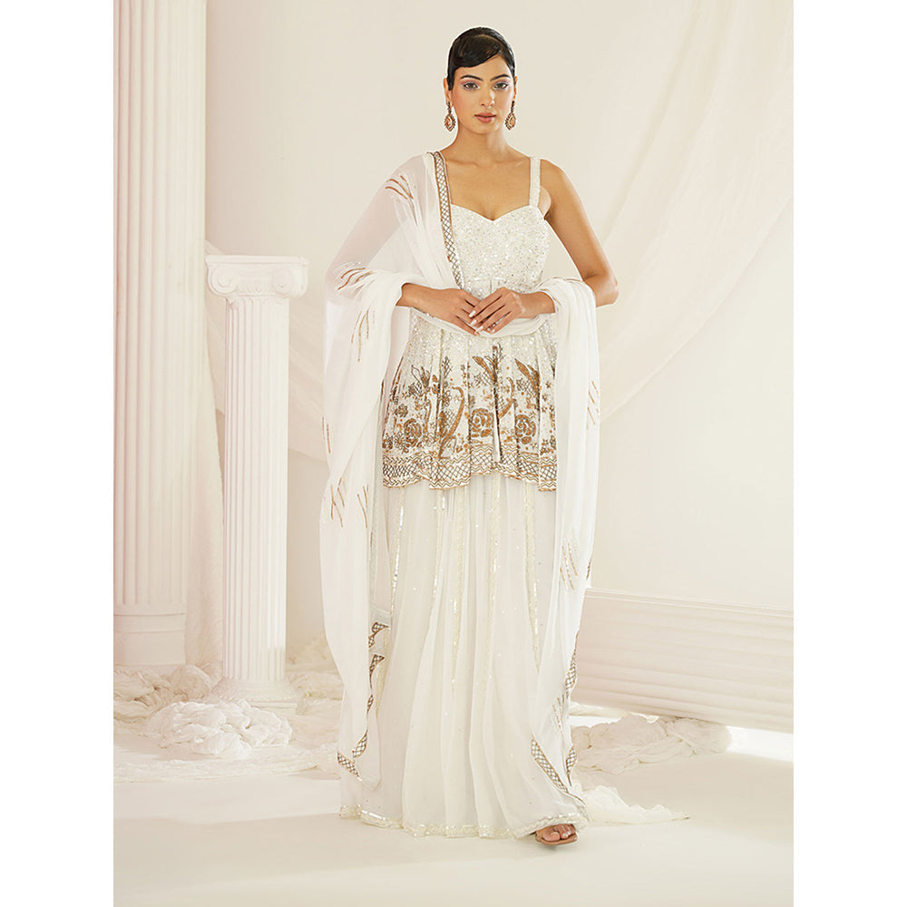 Kapda Dori White Embroidered Sharara with Peplum Top and Dupatta (Set of 3)