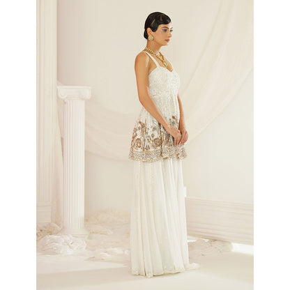 Kapda Dori White Embroidered Sharara with Peplum Top and Dupatta (Set of 3)