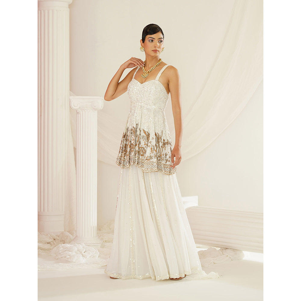 Kapda Dori White Embroidered Sharara with Peplum Top and Dupatta (Set of 3)