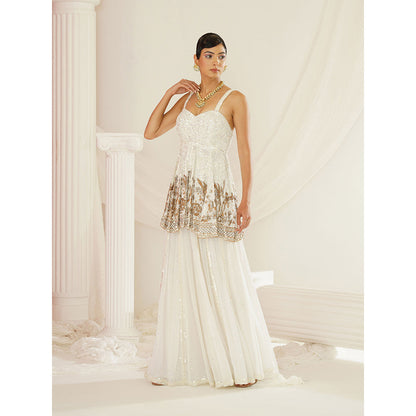 Kapda Dori White Embroidered Sharara with Peplum Top and Dupatta (Set of 3)