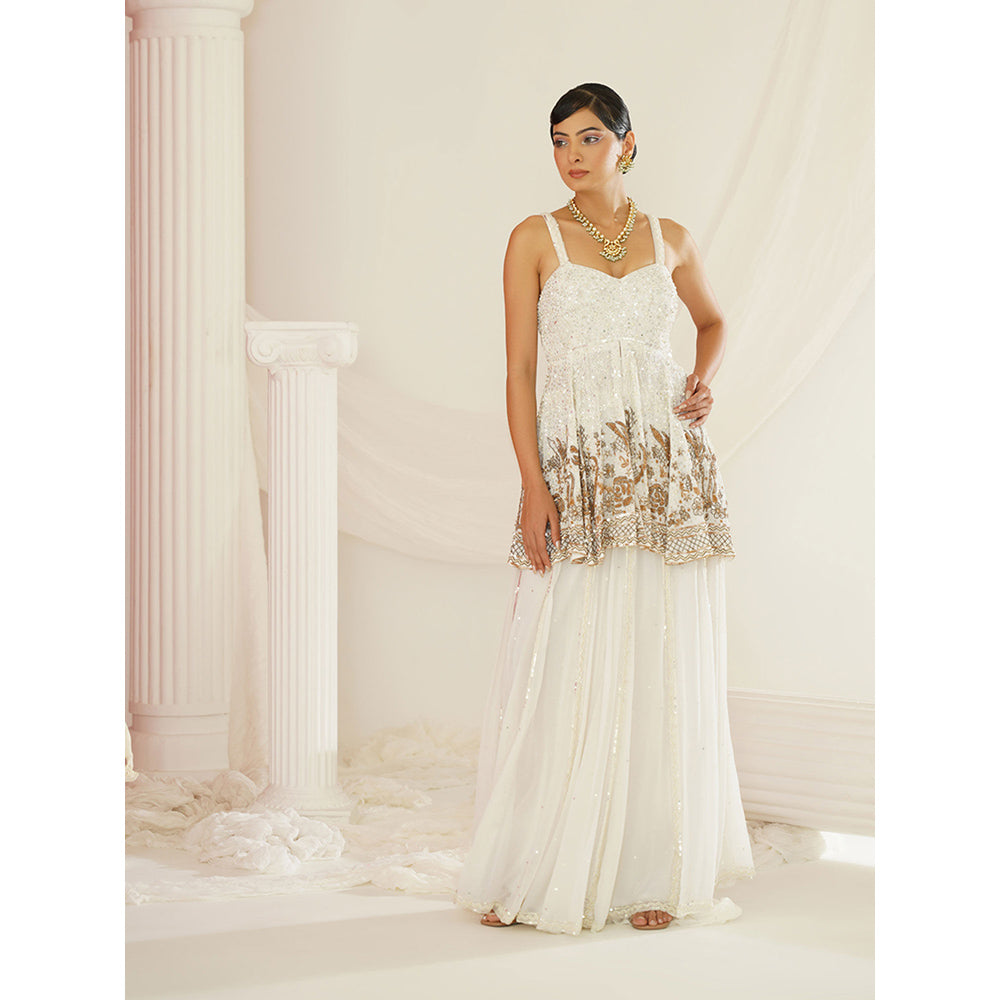 Kapda Dori White Embroidered Sharara with Peplum Top and Dupatta (Set of 3)