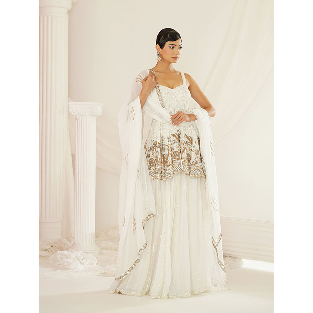 Kapda Dori White Embroidered Sharara with Peplum Top and Dupatta (Set of 3)