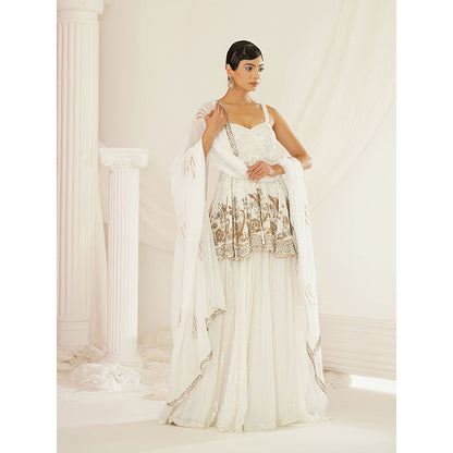 Kapda Dori White Embroidered Sharara with Peplum Top and Dupatta (Set of 3)