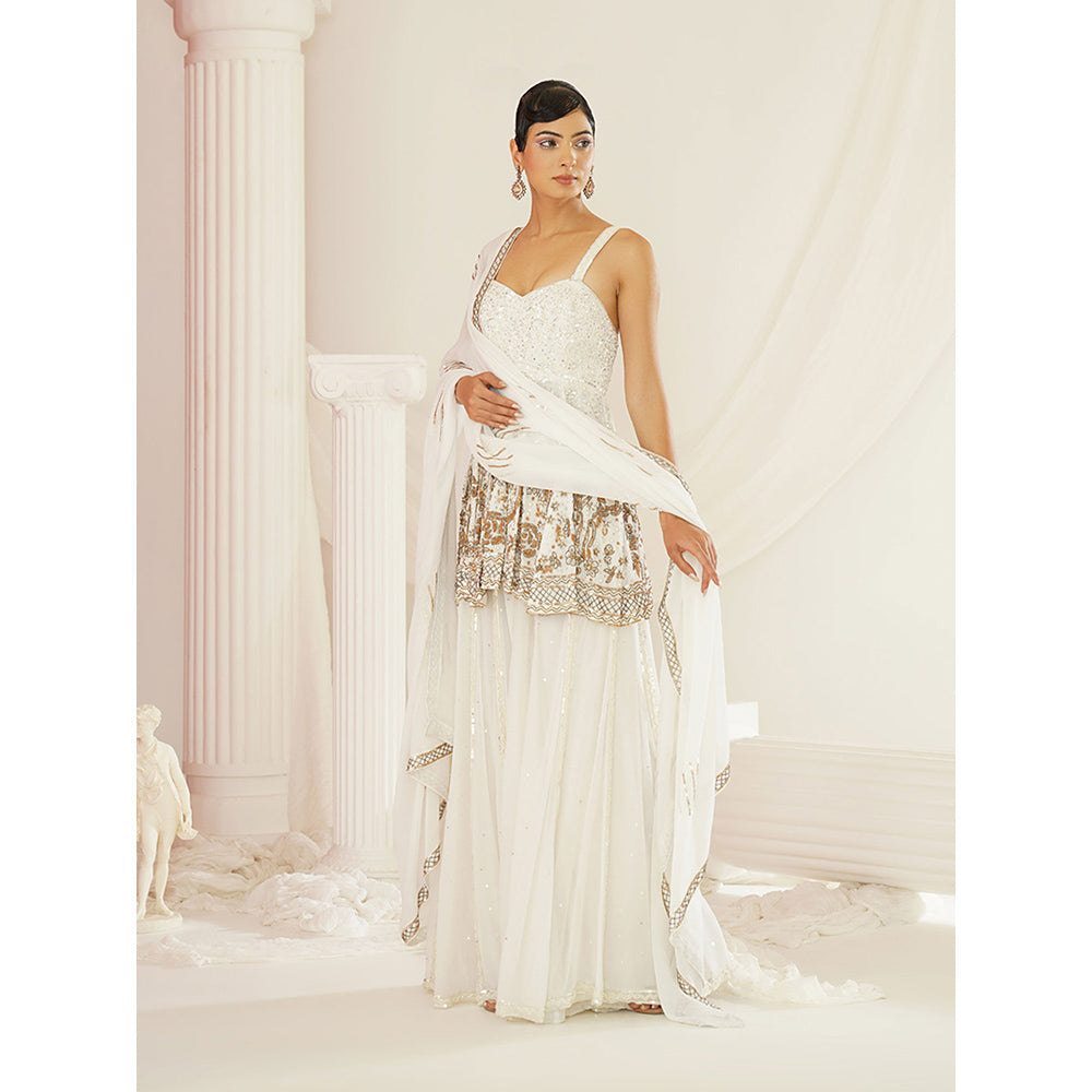 Kapda Dori White Embroidered Sharara with Peplum Top and Dupatta (Set of 3)