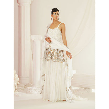 Kapda Dori White Embroidered Sharara with Peplum Top and Dupatta (Set of 3)