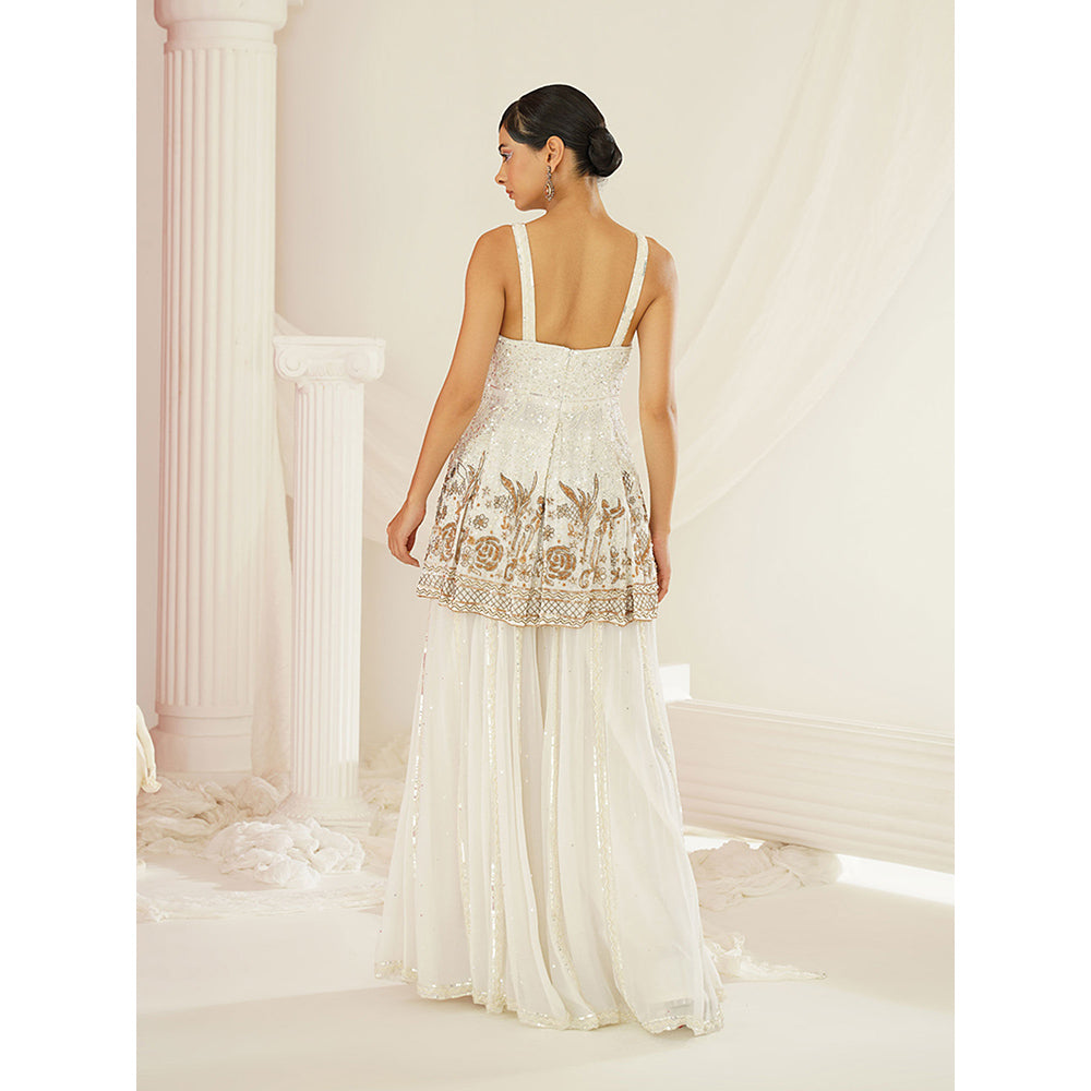 Kapda Dori White Embroidered Sharara with Peplum Top and Dupatta (Set of 3)