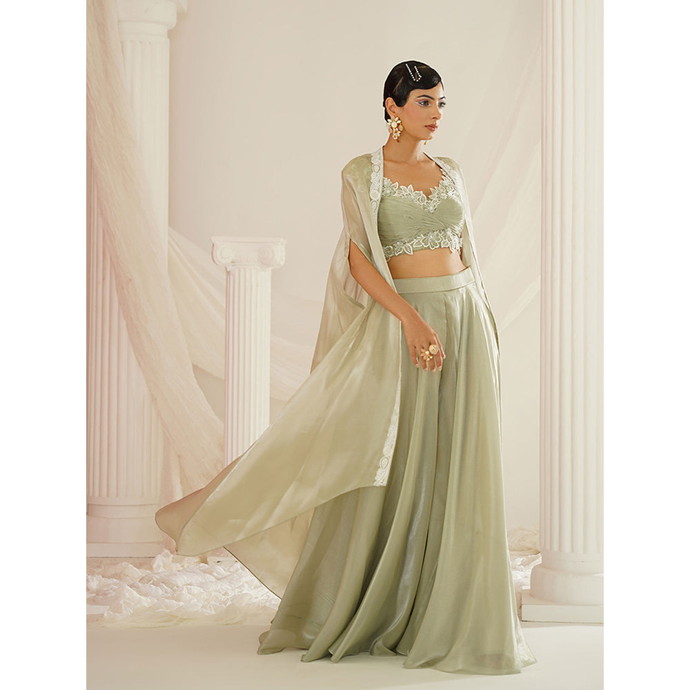 Kapda Dori Sage Green Embroidered Sharara with Blouse and Cape (Set of 3)