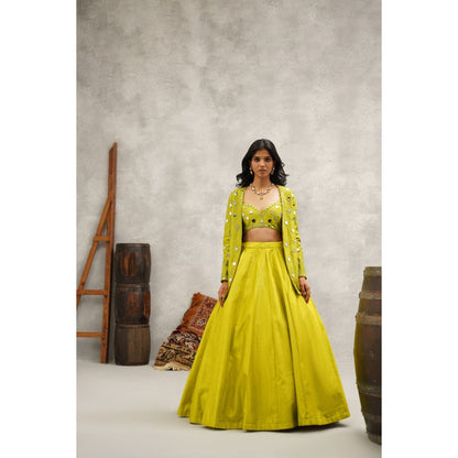 Kapda Dori Lime Green Mirror Work Blouse with Jacket and Lehenga (Set of 3)