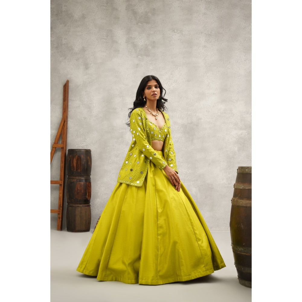 Kapda Dori Lime Green Mirror Work Blouse with Jacket and Lehenga (Set of 3)