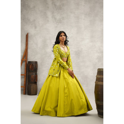 Kapda Dori Lime Green Mirror Work Blouse with Jacket and Lehenga (Set of 3)