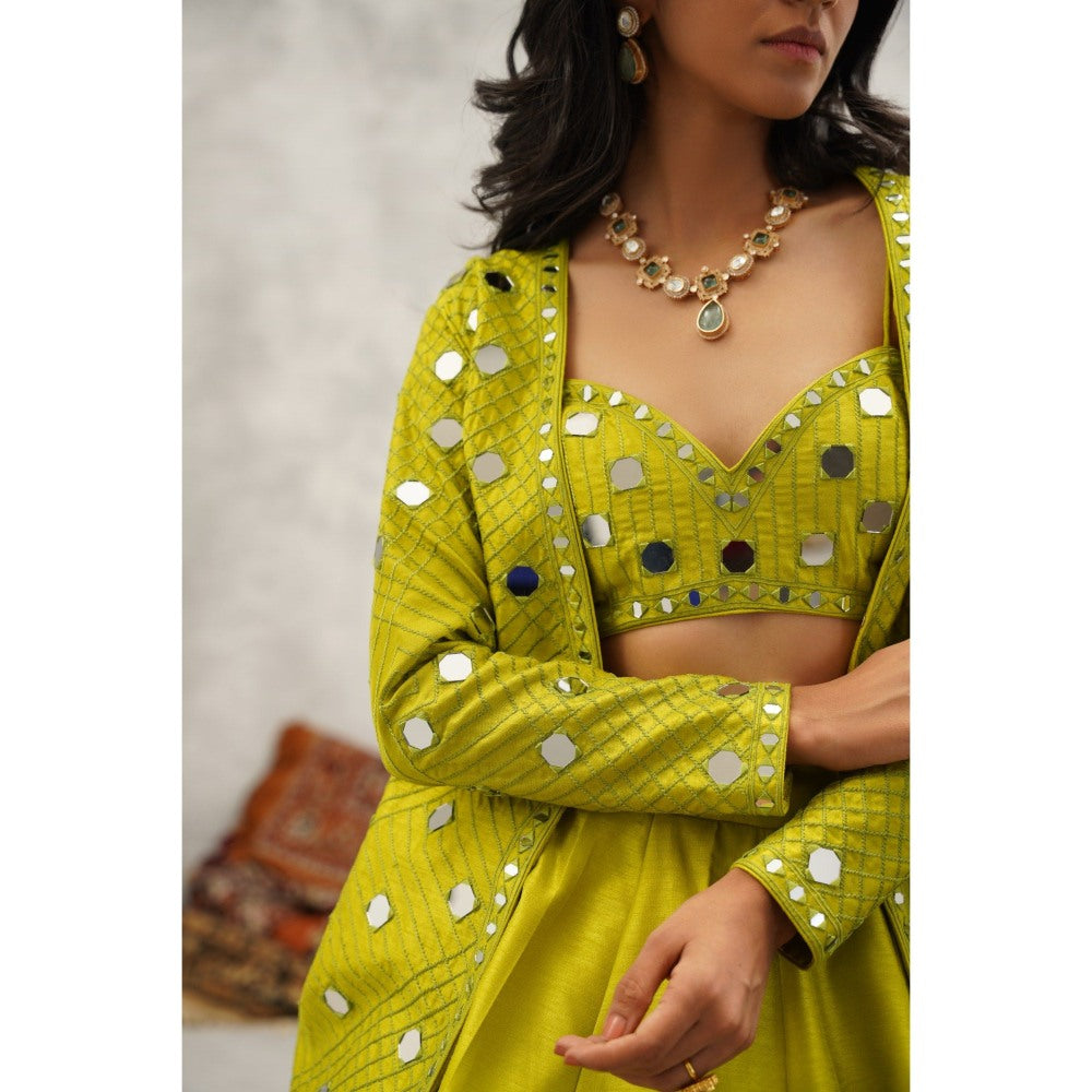 Kapda Dori Lime Green Mirror Work Blouse with Jacket and Lehenga (Set of 3)