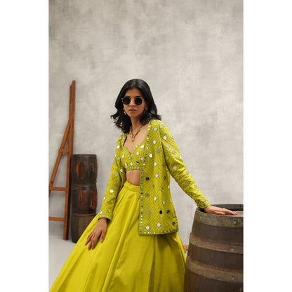 Kapda Dori Lime Green Mirror Work Blouse with Jacket and Lehenga (Set of 3)