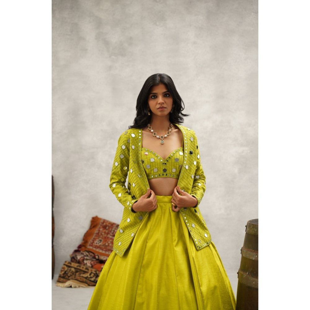 Kapda Dori Lime Green Mirror Work Blouse with Jacket and Lehenga (Set of 3)