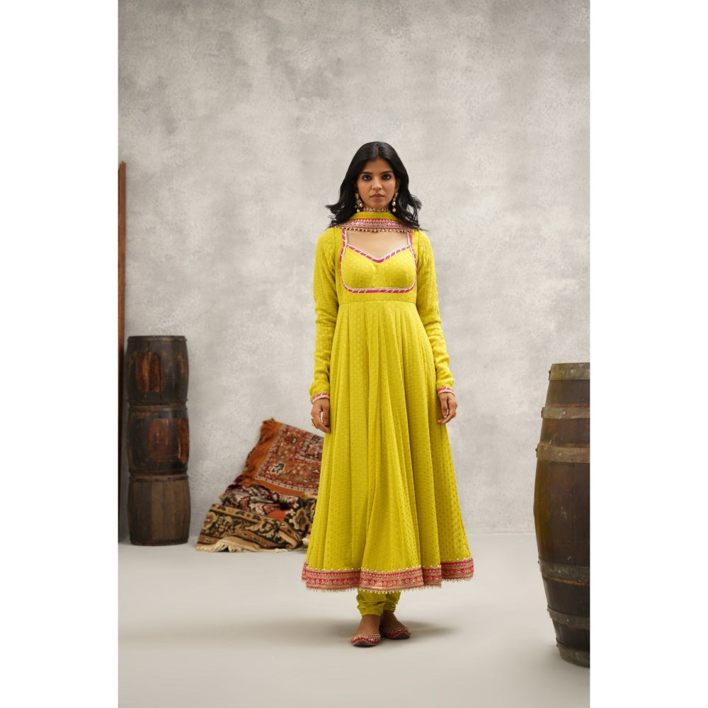 Kapda Dori Yellow Banarsi Georgette Anarkali with Churidar and Dupatta (Set of 3)