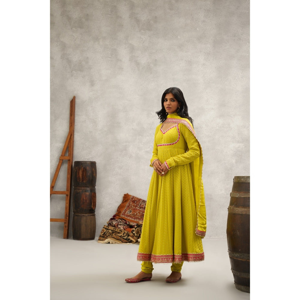 Kapda Dori Yellow Banarsi Georgette Anarkali with Churidar and Dupatta (Set of 3)
