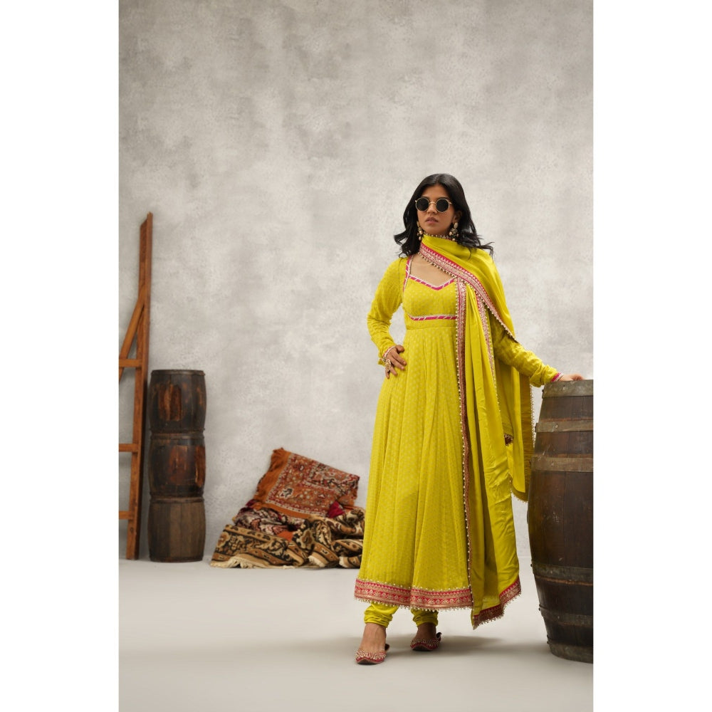 Kapda Dori Yellow Banarsi Georgette Anarkali with Churidar and Dupatta (Set of 3)