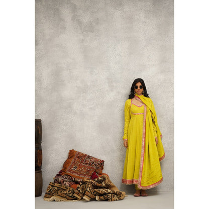 Kapda Dori Yellow Banarsi Georgette Anarkali with Churidar and Dupatta (Set of 3)