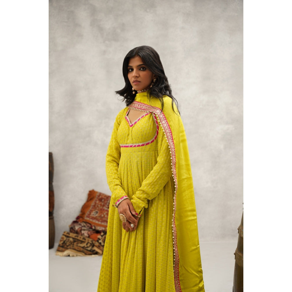 Kapda Dori Yellow Banarsi Georgette Anarkali with Churidar and Dupatta (Set of 3)