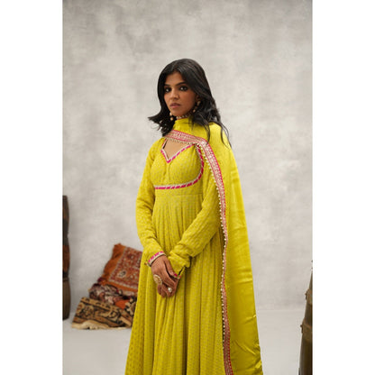 Kapda Dori Yellow Banarsi Georgette Anarkali with Churidar and Dupatta (Set of 3)