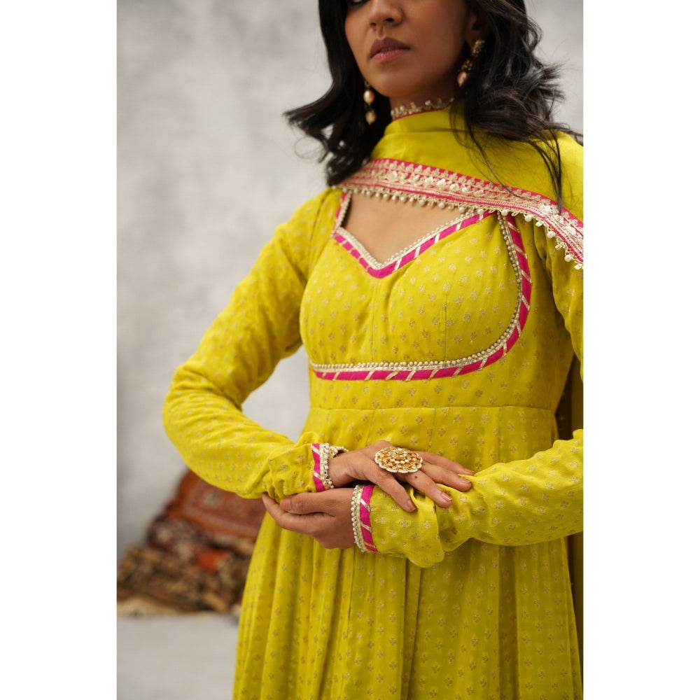 Kapda Dori Yellow Banarsi Georgette Anarkali with Churidar and Dupatta (Set of 3)