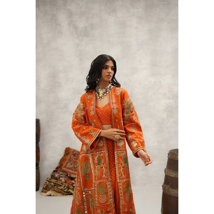 Kapda Dori Orange Embroidered Jacket with Crop Top and Sharara (Set of 3)