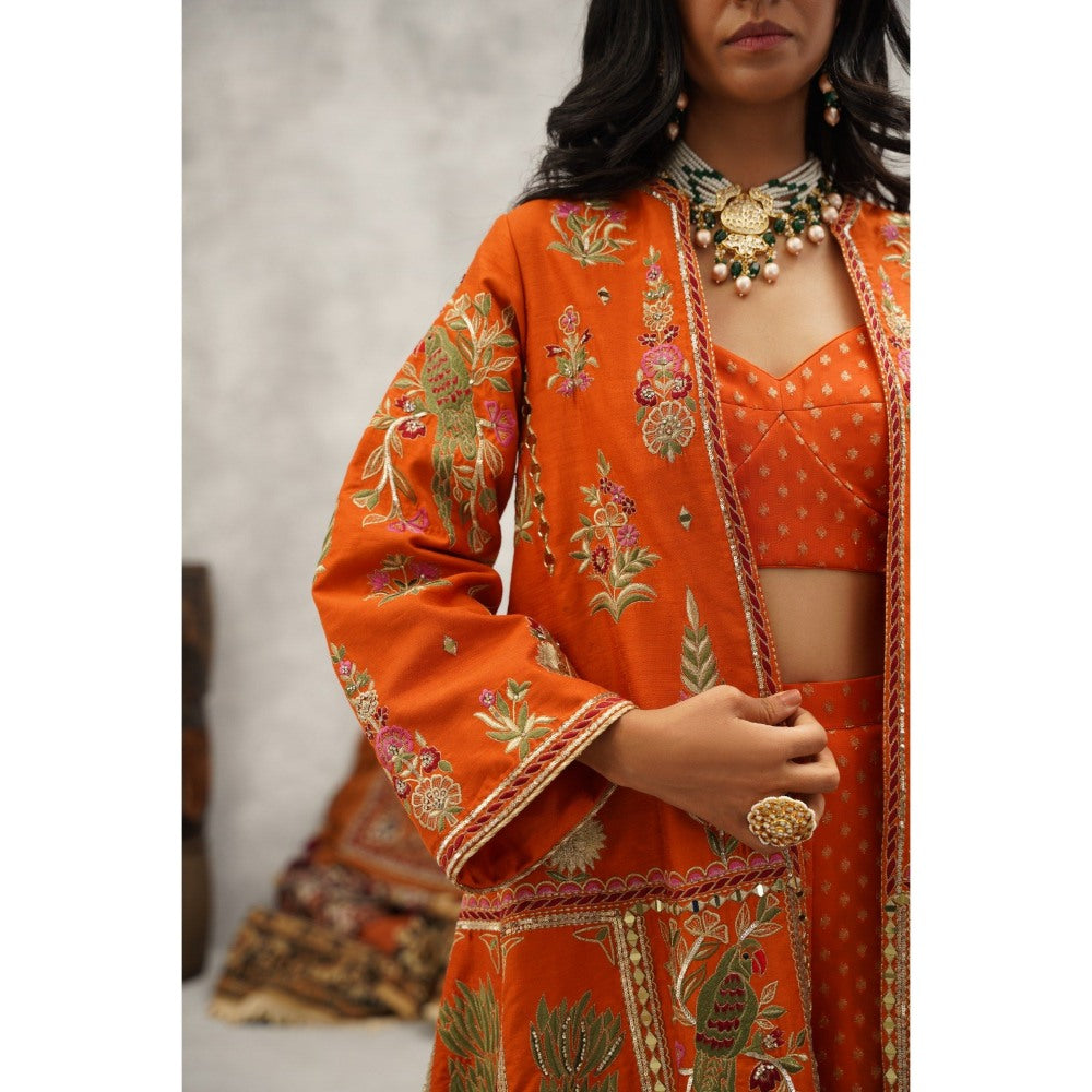 Kapda Dori Orange Embroidered Jacket with Crop Top and Sharara (Set of 3)